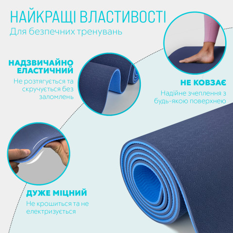 Килимок для йоги та фітнесу EasyFit TPE+TC 6мм двошаровий синій-блакитний
