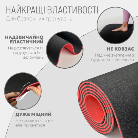 Килимок для йоги та фітнесу EasyFit TPE+TC 6мм двошаровий чорний-червоний