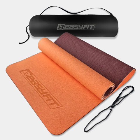 Килимок для йоги та фітнесу EasyFit TPE+TC 6 мм двошаровий + Чохол персиковий-коричневий