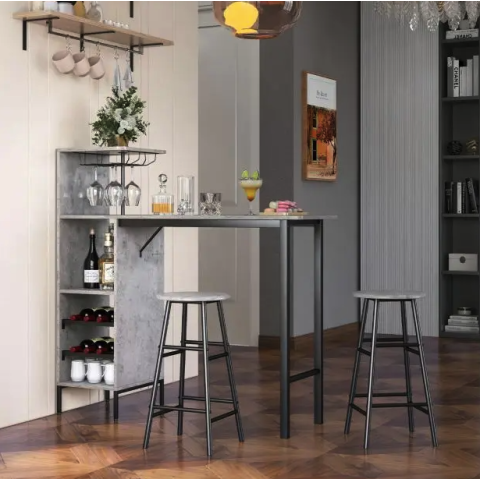 Барний стіл з стільцями Costway Bistro з тримачем винних келихів сірий