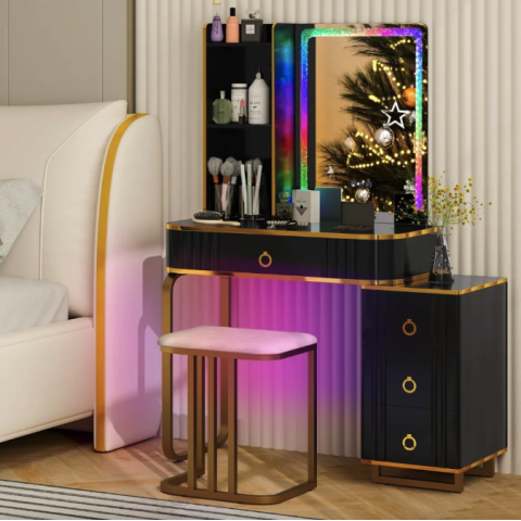 Туалетний столик Costway Vicci з пуфом + дзеркало LED чорний