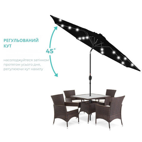 Парасоля садова 3 м з LED-підсвіткою та сонячною панеллю (чорний)