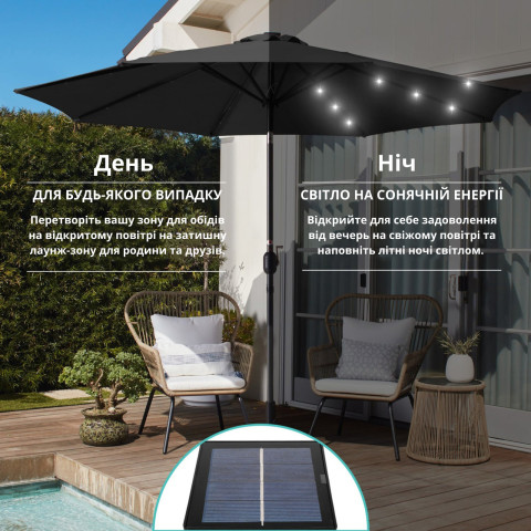 Парасоля садова 3 м з LED-підсвіткою та сонячною панеллю (чорний)