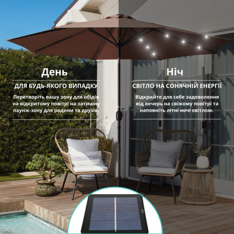 Парасоля садова 3 м з LED-підсвіткою та сонячною панеллю (коричневий)