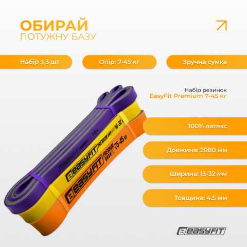 Набір резинок для підтягувань EasyFit Premium 7-45 кг (3 шт)